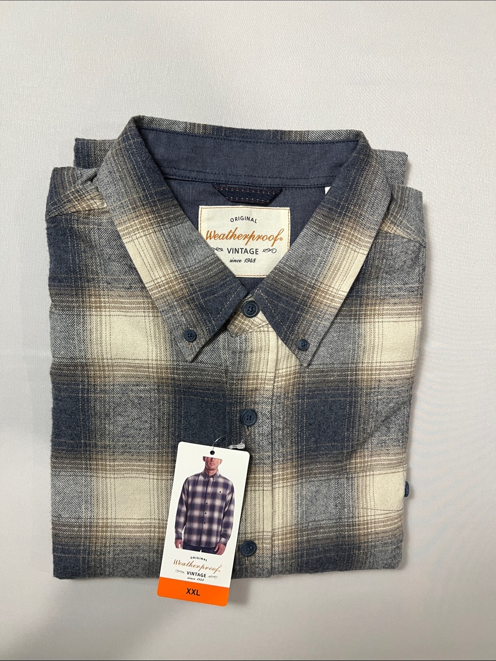 Weatherproof Men's Navy and Cream Flannel Plaid Button-Down Shirt